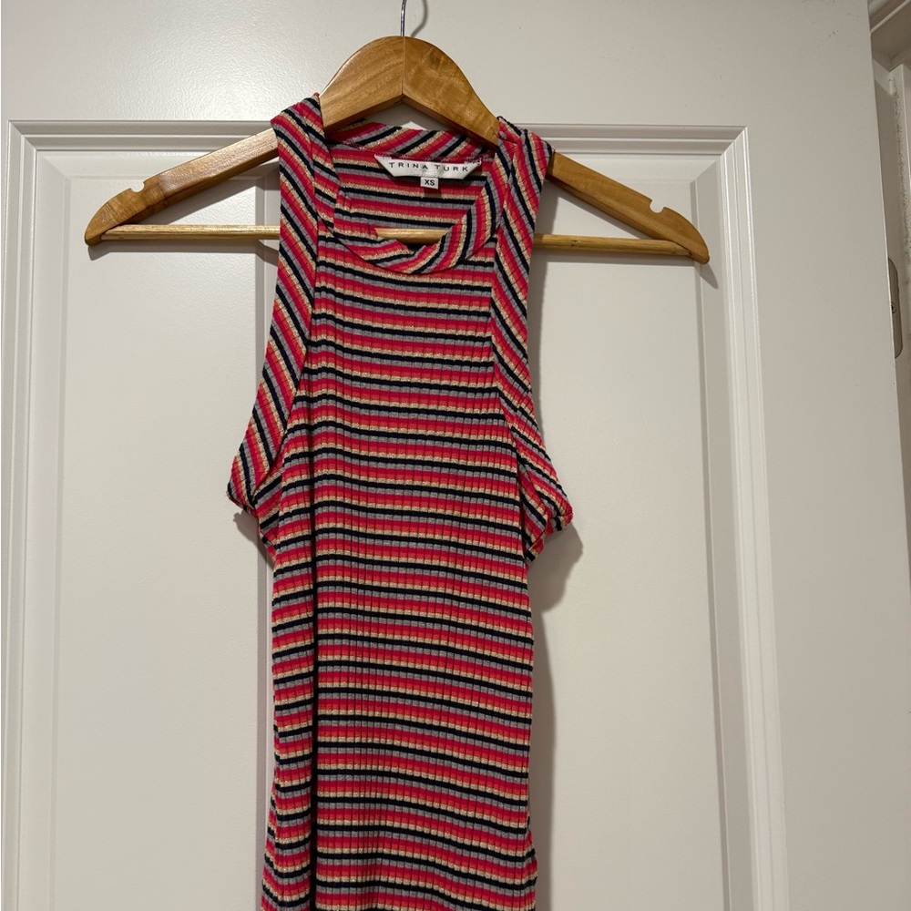 Trina Turk Red, Black and Gold Striped halter blouse.